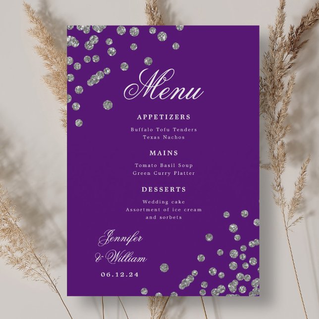 Romantisk Bröllop Confetti Silver Lila Meny (Romantic Script Wedding Confetti Silver Purple Menu)