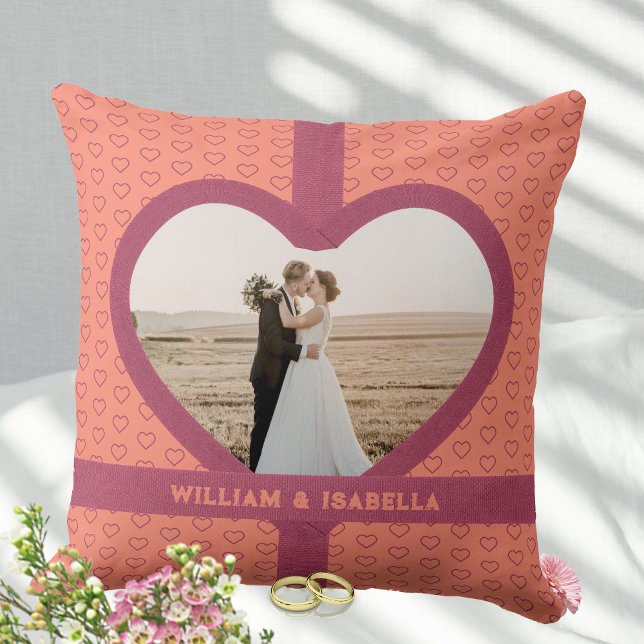 Romantisk Bröllops Kärlek Foto Band Hjärtat  Persi Kudde (Romantic Wedding Love Photo Ribbon Heart Peach Throw Pillow ©Susanne Sachers - Sunny Mind Design)