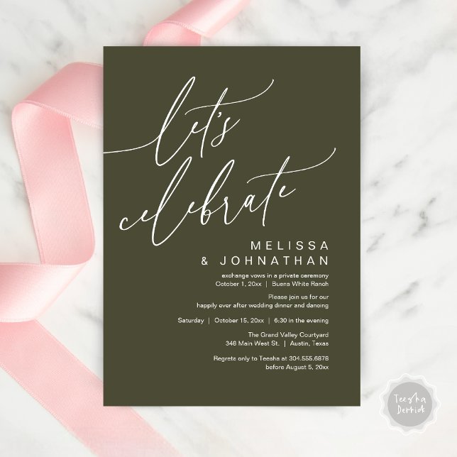 Romantisk Bröllopsfirande Elopement-fest Inbjudningar (Let's Celebrate, Romantic Charm Wedding Elopement Dinner Party Brunch Invites Card PDF Olive Green)