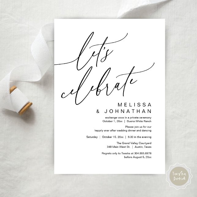 Romantisk Bröllopsfirande för Elopement-Party Inbjudningar (Let's Celebrate, Romantic Charm Wedding Elopement Dinner Party Brunch Invites Card PDF White Black)