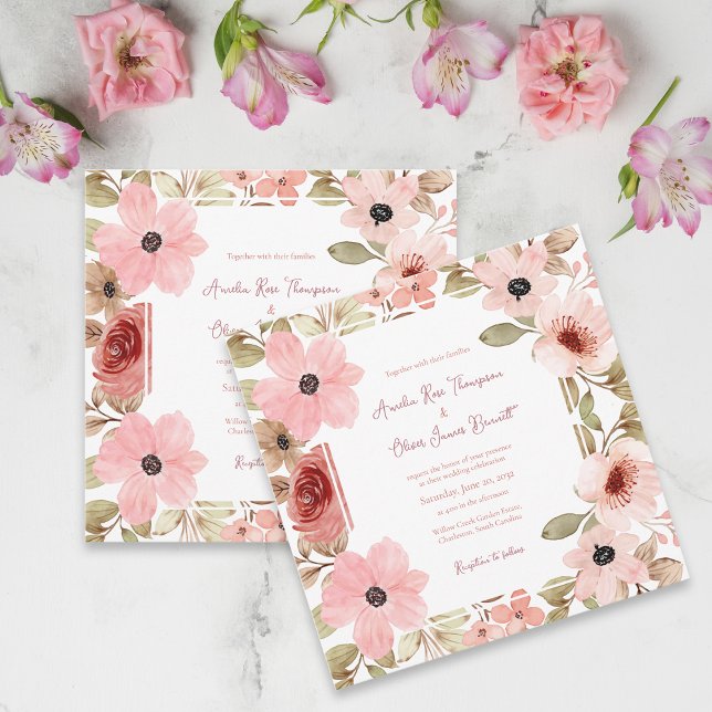 Romantisk bröllopsinbjudan med rosa blommor (Blush Pink Romantic Floral Wedding Invitation)