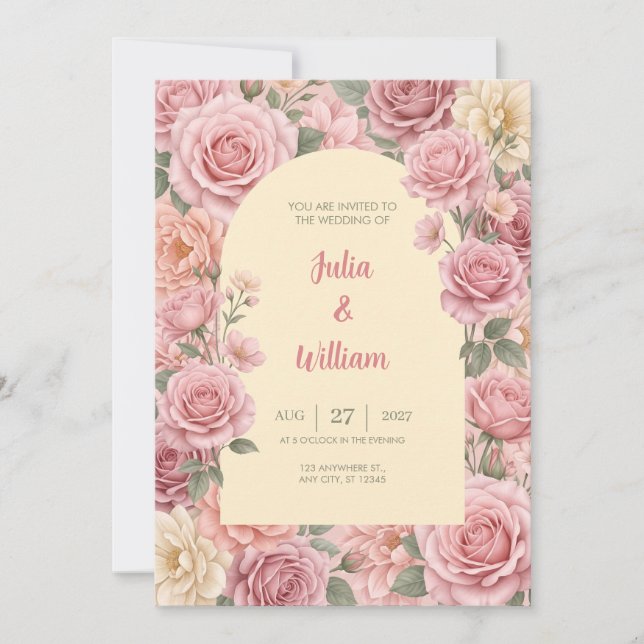 Romantisk bröllopsinbjudan med rosa blommor inbjudningar (Framsida)