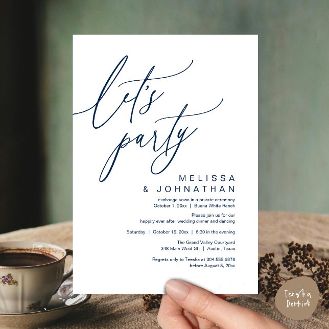 Romantisk bröllopsmiddag dans, låt oss festa inbjudningar (Let's Party, Romantic Charm Wedding Dinner Dancing Lunch Brunch Invitation Card PDF Navy Blue)