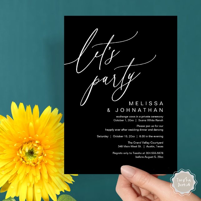Romantisk bröllopsmiddag dans, låt oss festa inbjudningar (Let's Party, Romantic Charm Wedding Dinner Dancing Lunch Brunch Invitation Card PDF Classy Black )
