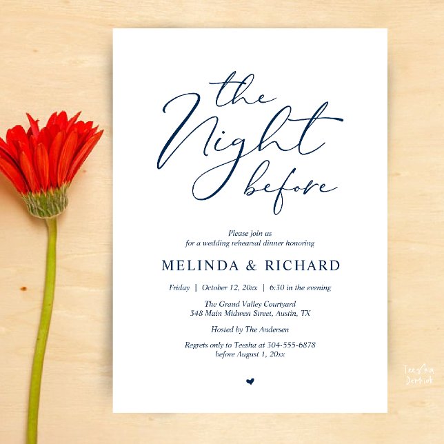 Romantisk Bröllopsrepetition Middag Kvällen Före Inbjudningar (Modern Romantic Wedding Rehearsal Dinner The Night Before Forever Invites Card in Navy Blue)