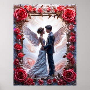 Romantisk bröllopsscen med änglar och rosram poster