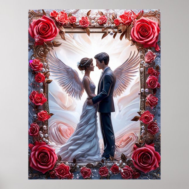 Romantisk bröllopsscen med änglar och rosram poster (Framsidan)