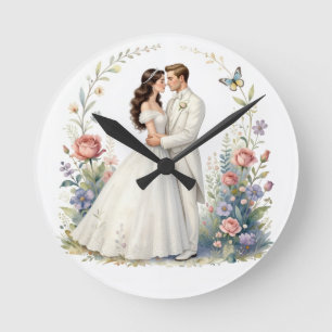 Romantisk Brud Brudgum Blommig Elegant Bröllopspar Rund Klocka