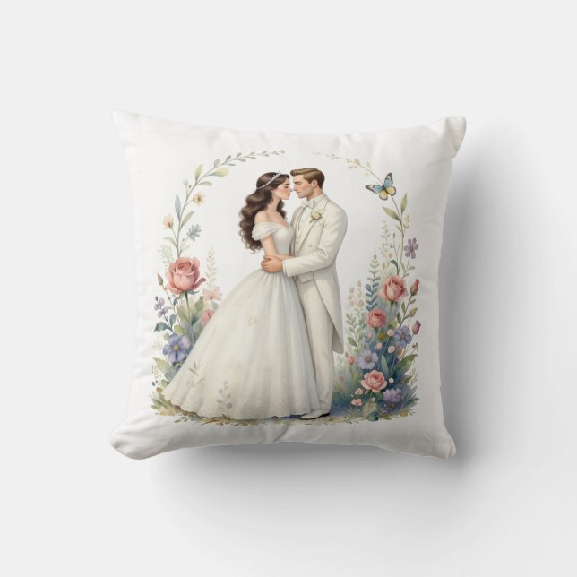 Romantisk Brud Groom Blommig Elegant Brudpar Kudde (Framsida)