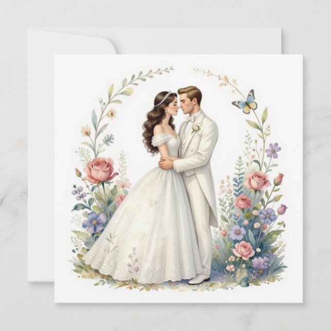Romantisk Brud Groom Blommig Elegant Brudpar Tack Kort (Framsida)
