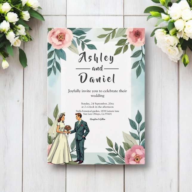 Romantisk brud och groom Watercolor Blommigt Bröll Inbjudningar (Skapare uppladdad)
