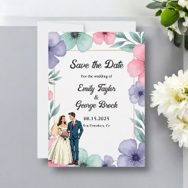 Romantisk brud och groom Watercolor Blommigt Bröll Spara Datumet