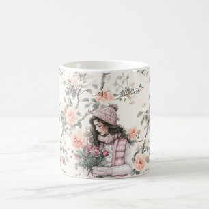 Romantisk brunhårig flicka persikor rosor blommig kaffemugg