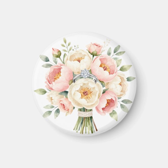 Romantisk bukett av pioner med diamant ring magnet (Framsidan)