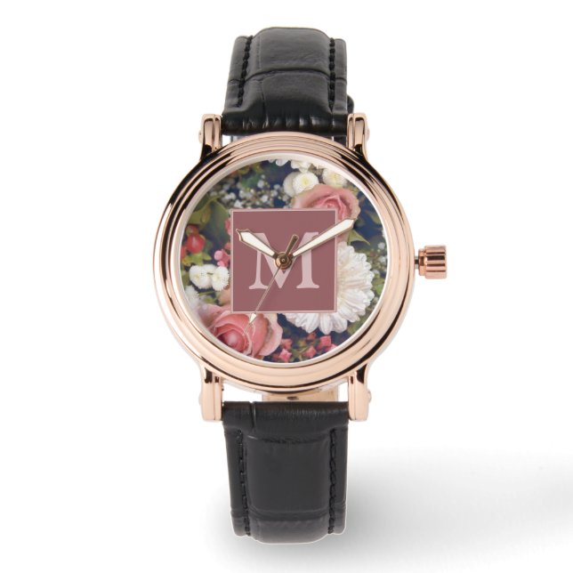 Romantisk bukett med rosa rosor och monogram armbandsur (Framsida)