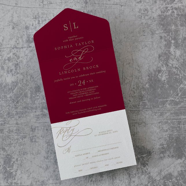 Romantisk burgunder kalligrafi monogram bröllop al (Romantic Burgundy Calligraphy Monogram Wedding All All In One Invitation)