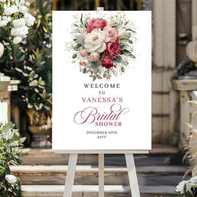 Romantisk Burgunderröjd Grönskande Välkomstskylt Poster (Romantic Burgundy Blush Greenery Welcome Sign)