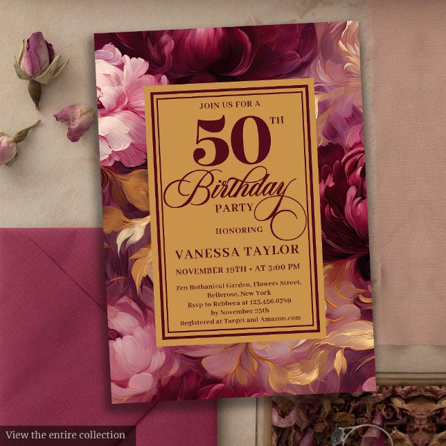 Romantisk burgundi  guld ro 50-årsdagen inbjudningar (Romantic burgundy blush gold roses 50th birthday card

)