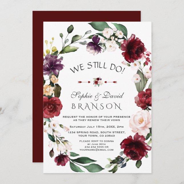 Romantisk burgundisk  Blommigt VI FORTFARANDE GÖR Inbjudningar (Fram/baksida)