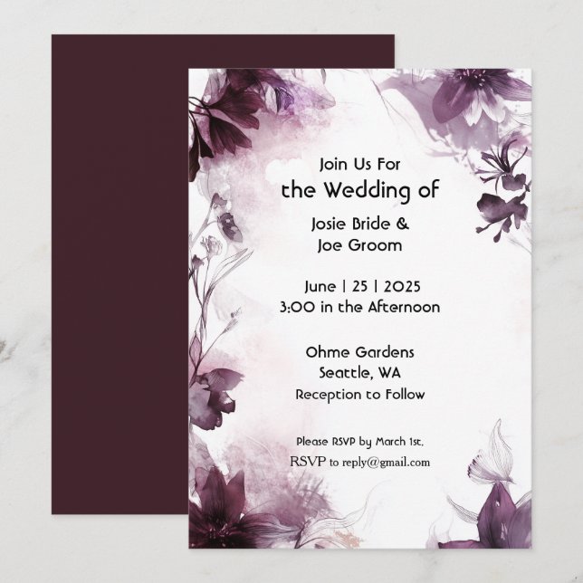 Romantisk burgundisk bröllopsinbjudan för vilda bl inbjudningar (Fram/baksida)