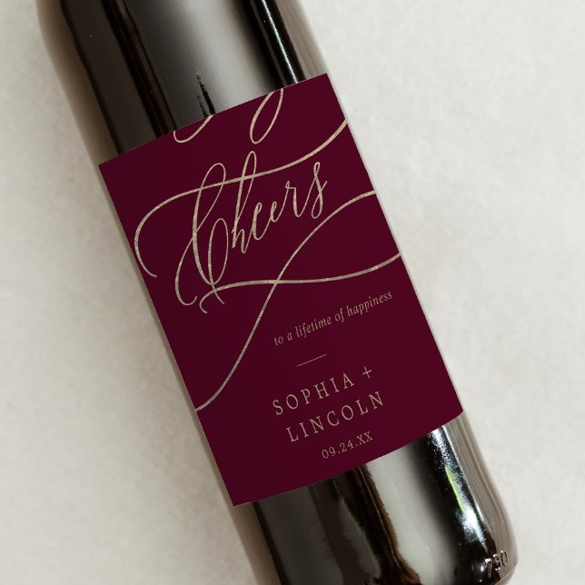 Romantisk burgundisk calligraphy Cheers Vin-etiket Vinflaska Etikett (Skapare uppladdad)