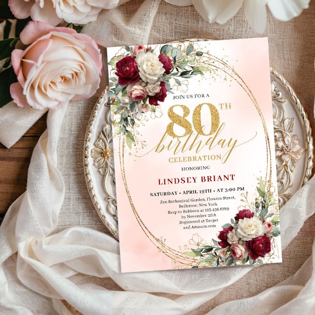 Romantisk Burgundy Blommig Guld Ram 80-årsdag  Inbjudningar (Romantic Burgundy Floral Gold Frame 80th Birthday Invite)