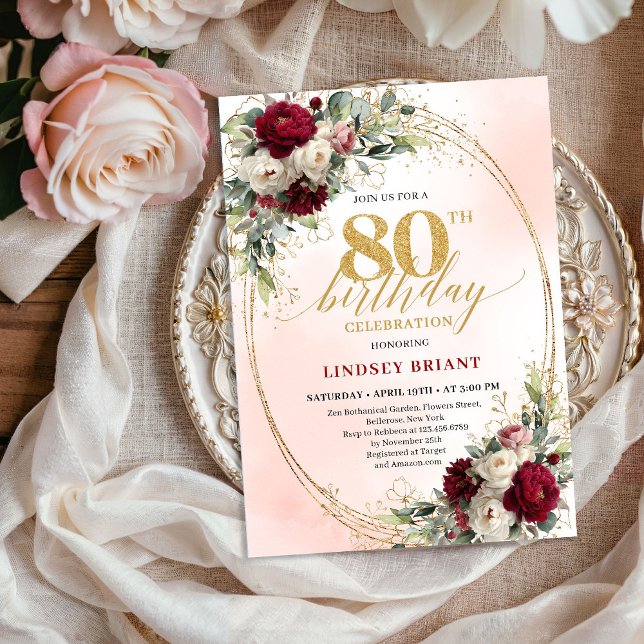 Romantisk Burgundy Boho Blommig 80-års Födelsedags Inbjudningar (Romantic Burgundy Boho Floral 80th Birthday Invitation)