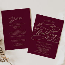 Romantisk Burgundy Calligraphy Front & Back Bröllo