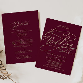 Romantisk Burgundy Calligraphy Front & Back Bröllo Inbjudningar