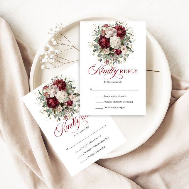 Romantisk Burgundy Grönska Bröllop Svarskort OSA Kort (Romantic Burgundy Greenery Wedding RSVP Card)