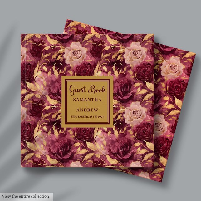 Romantisk burgundy  Guest Bok i Guld Bröllop (Romantic Burgundy Blush Gold Wedding Guest Book)