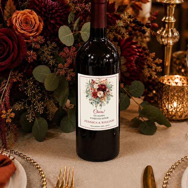 Romantisk Burgundy Guld Eukalyptus Höst boho blomm Vinflaska Etikett (Romantic Burgundy Gold Eucalyptus Fall boho floral wine label

)