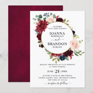 Romantisk burgundy  marin blå Blommigt Bröllop Inbjudningar