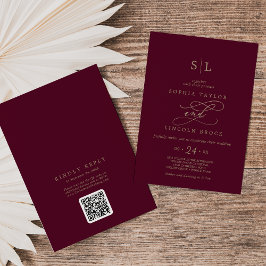 Romantisk Burgundy Monogram QR-kod Bakre Bröllop Inbjudningar