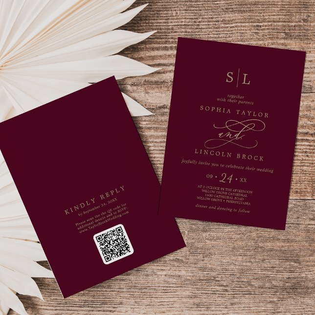 Romantisk Burgundy Monogram QR-kod Bakre Bröllop Inbjudningar (Romantic Burgundy Monogram QR Code Back Wedding Invitation)
