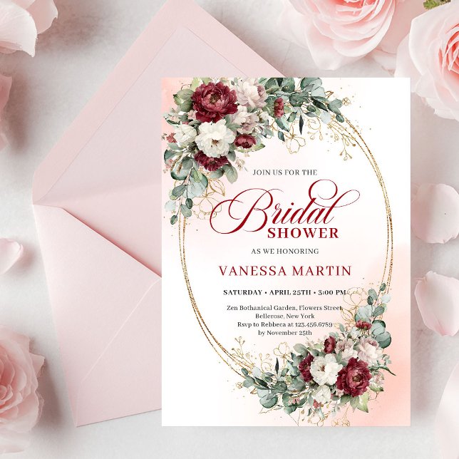 Romantisk Burgundy och Guld Bröllopsdusch Inbjudan (Romantic Burgundy and Gold Bridal Shower Invitation)
