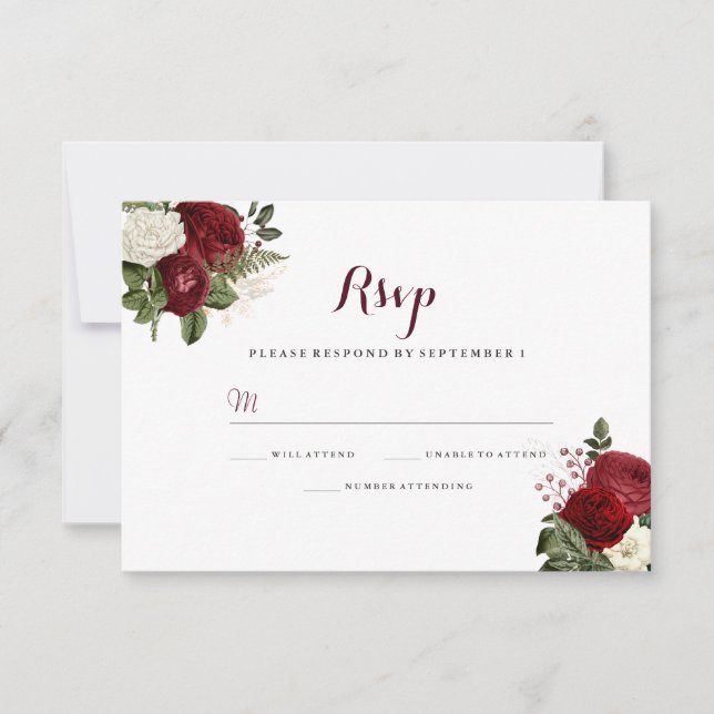 Romantisk Burgundy Röd Vit Blommig Bröllops RSVP OSA Kort (Framsida)