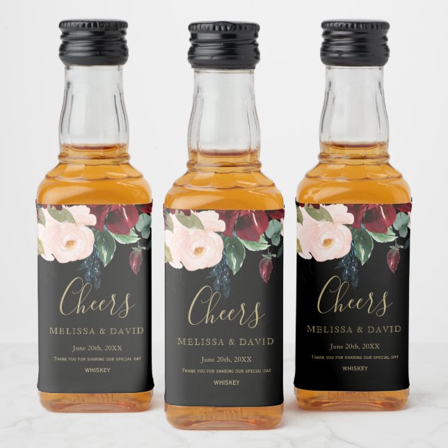 Romantisk burgundy, Rosa, blått och svart Spritflaskor Etikett (Flaskor)