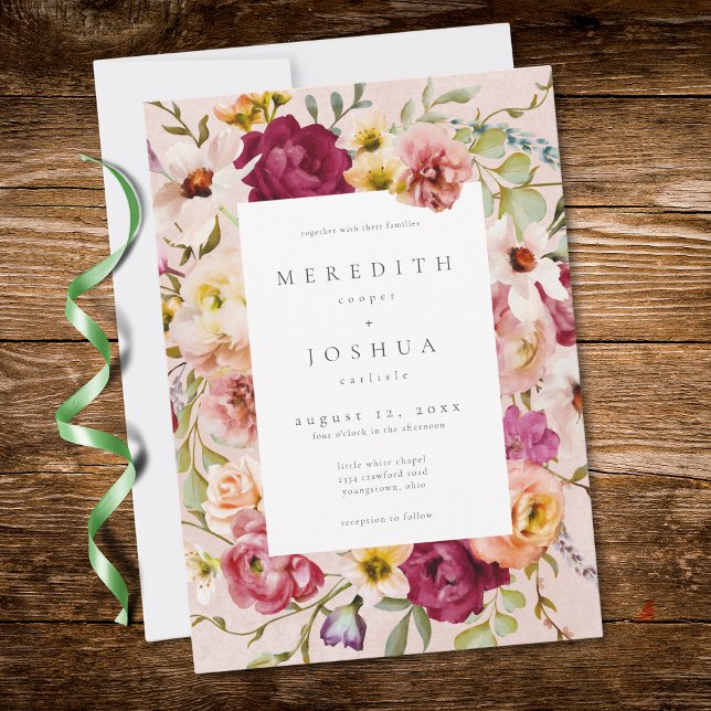 Romantisk Burgundy Rosafärgad Blommig Trädgårdsbrö Inbjudningar (Romantic Burgundy Blush Floral Garden Wedding Invitation)