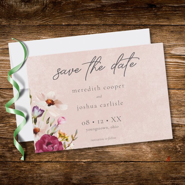 Romantisk Burgundy Rosafärgad Blommig Trädgårdsbrö Spara Datumet (Romantic Burgundy Blush Floral Garden Wedding Save The Date)
