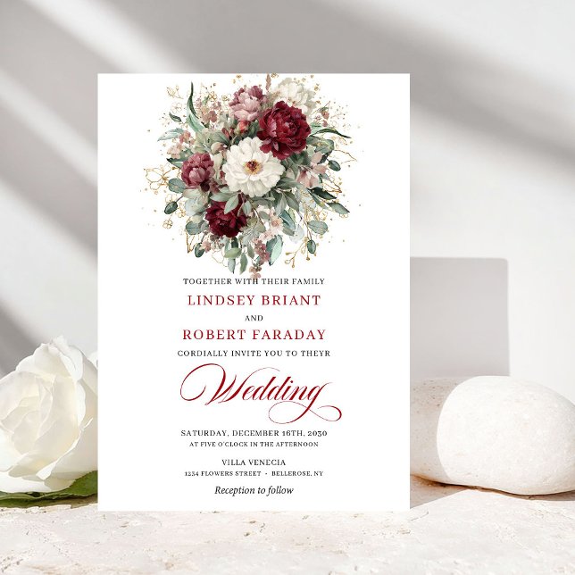 Romantisk Burgundy Vit Blommig Guld Bröllopsinbjud Inbjudningar (Romantic Burgundy White Floral Gold Wedding Invite)