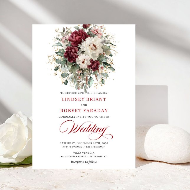 Romantisk Burgundy Vit Guld Ram Bröllopsinbjudan Inbjudningar (Romantic Burgundy White Gold Frame Wedding Invite)