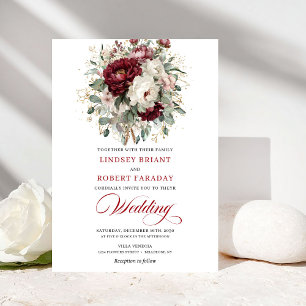 Romantisk Burgundy Vita Blommor Bröllopsinbjudan Inbjudningar