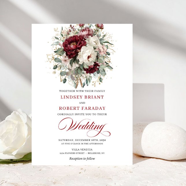 Romantisk Burgundy Vita Blommor Bröllopsinbjudan Inbjudningar (Romantic Burgundy White Flowers Wedding Invitation)
