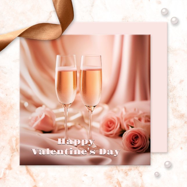 Romantisk champagne och Ro Glad Alla hjärtans dag Inbjudningar (Romantic Valentine's Day invitation featuring a pink scene with champagne and roses)