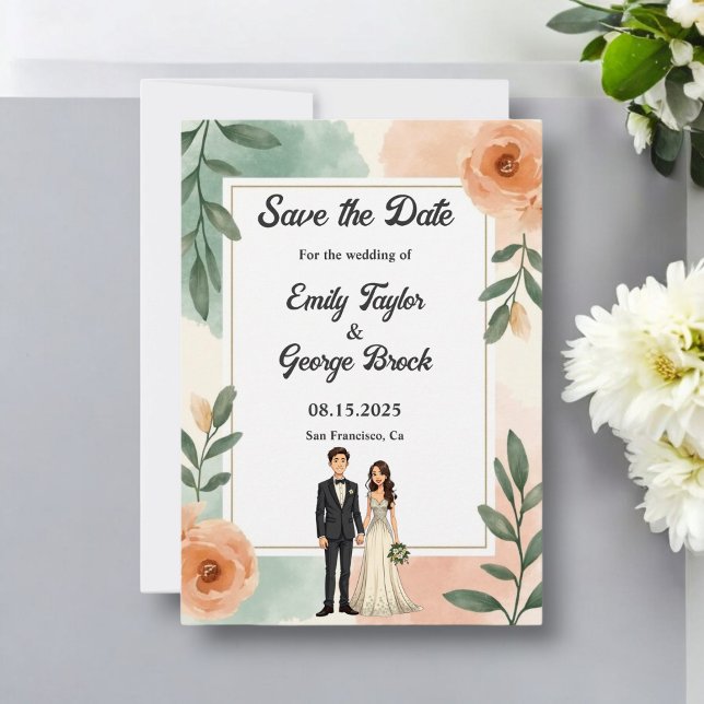 Romantisk Chic Blommigt Ram Bride and Groom Bröllo Spara Datumet (Skapare uppladdad)