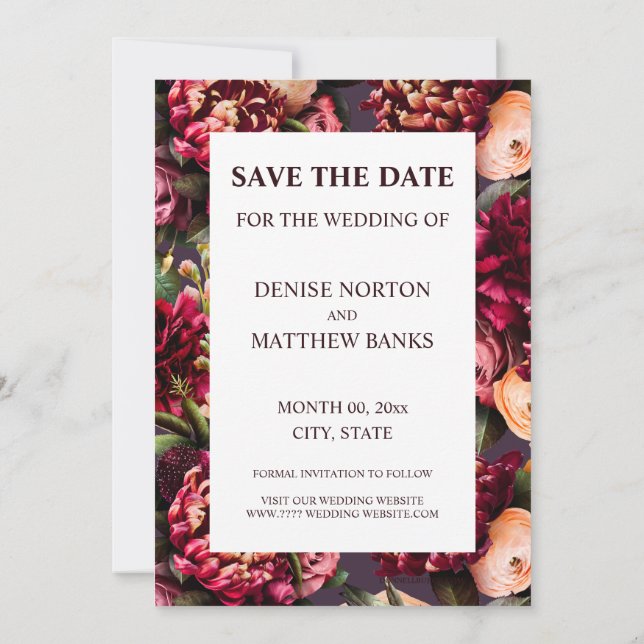 Romantisk Chrysanthemum på Midnight Plum Spara Dat Inbjudningar (Baksida)