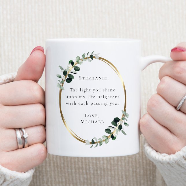 Romantisk citat Eucalyptus Guld Kaffemugg (The Light You Shine Romantic Quote Eucalyptus Gold Oval Coffee Mug)