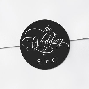 Romantisk Classy Calligraphy Bröllop Black Runt Klistermärke