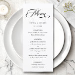 Romantisk Classy Calligraphy Bröllop Black & White Meny<br><div class="desc">Enkelt svart och vitt bröllop-meny har elegant,  romantiskt,  snabbt kalligrafiskt tecken med ett vanligt skript. Om du vill ha en mer avancerad anpassning av den här designen klickar du på BLUE DESIGN VERKTYG ovan!</div>